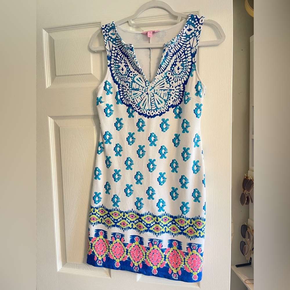 GUC Lilly Pulitzer Harper Shift Dress To The Sea Turtle Engineered Sz XSmall